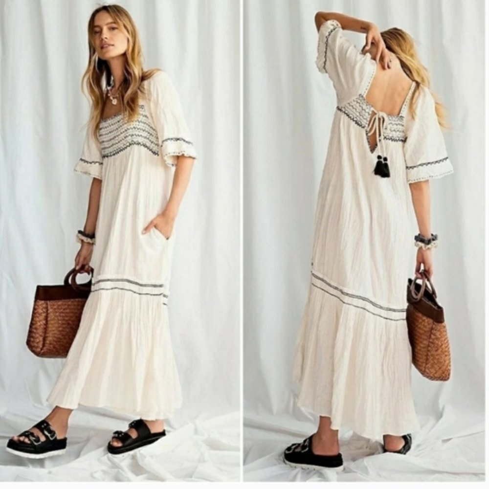 Free People I'm the One Ivory black Maxi Dress Gauze Smocked with tassel Medium